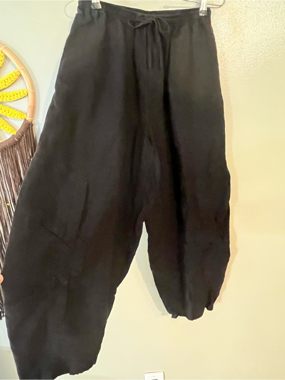Cheyenne Black 100% Linen Linen Barrel Leg  Drawstring Pants Pull On XS